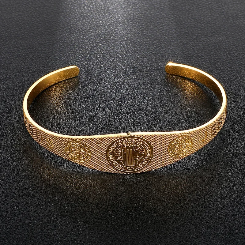 Stainless Steel Adjustable Cuff Bracelet JESUS Exorcist Saint Benedict Couple Love Bangles Religious Wishing Amulet Jewelry