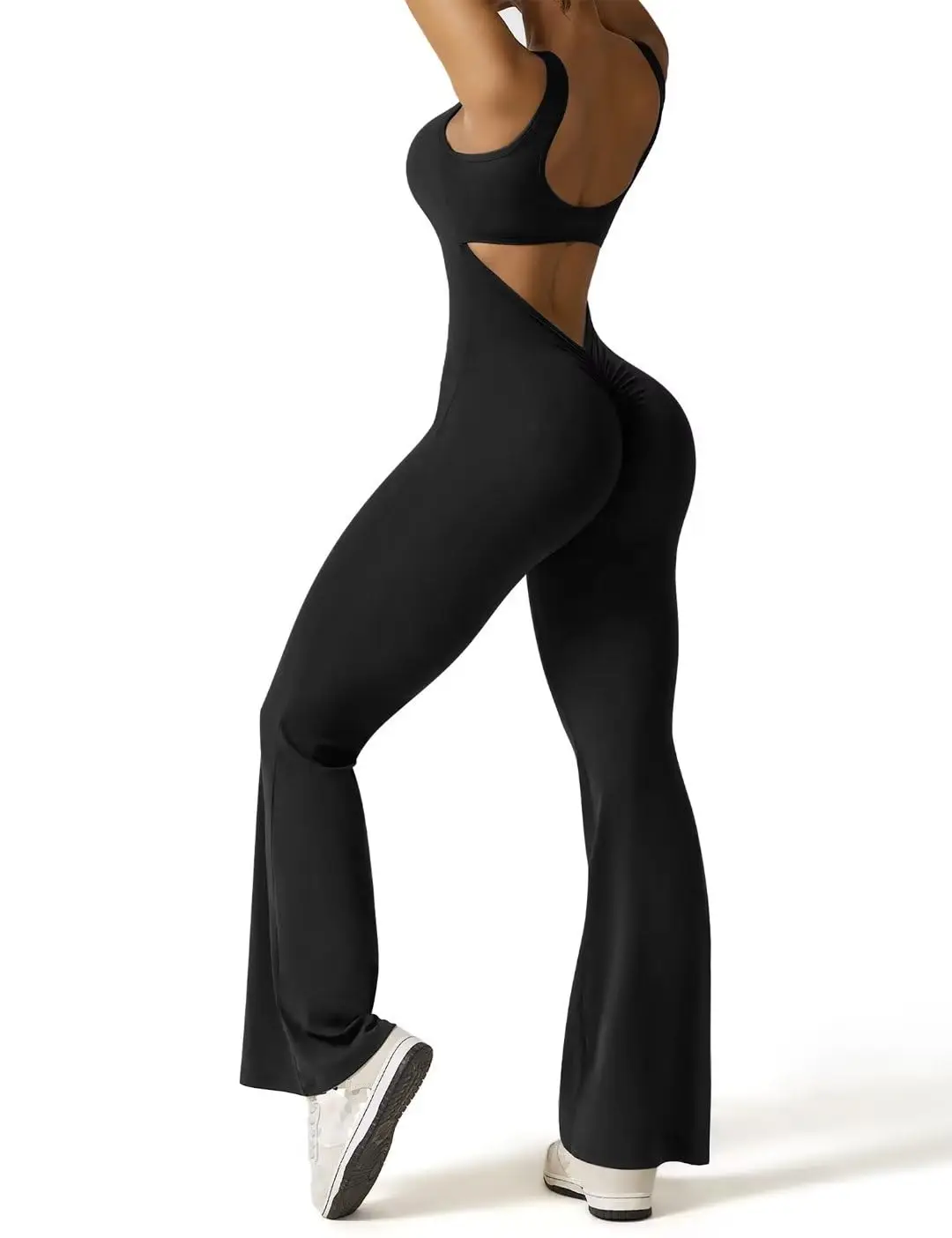 Women Sleeveless Flare Jumpsuits Sexy Backless Tank Tops Bodycon Scrunch Butt Yoga Rompers Seamless Unitard Playsuit Sportswear