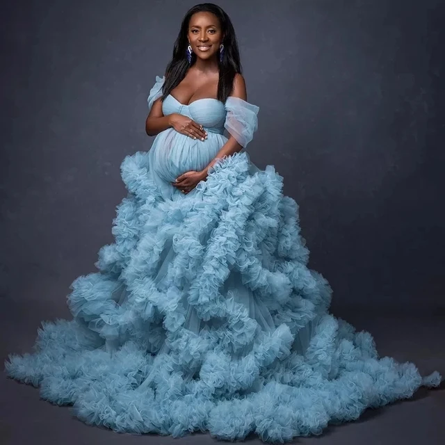 Blue Maternity Maternity Photoshoot Dress With Train Maternity