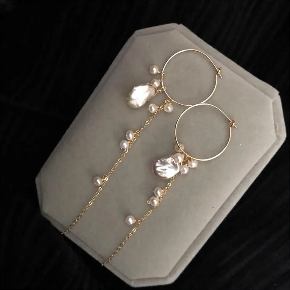 Natural White baroque Pearl Earrings Dangle 18K Chain lady gift Everyday Chandelier Wedding Gold Women Unisex Stud Modern Bridal