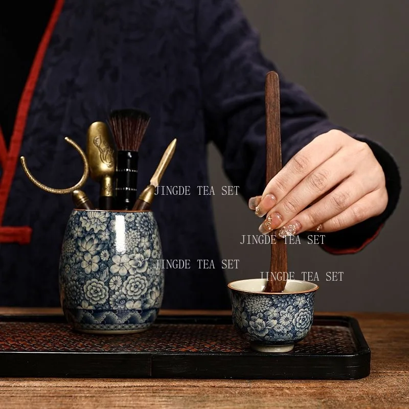 Vintage Blue and White Ceramic Tea Ceremony Six Gentlemen Tea Clip Brush Organizer Tea Accessories Set Accessories