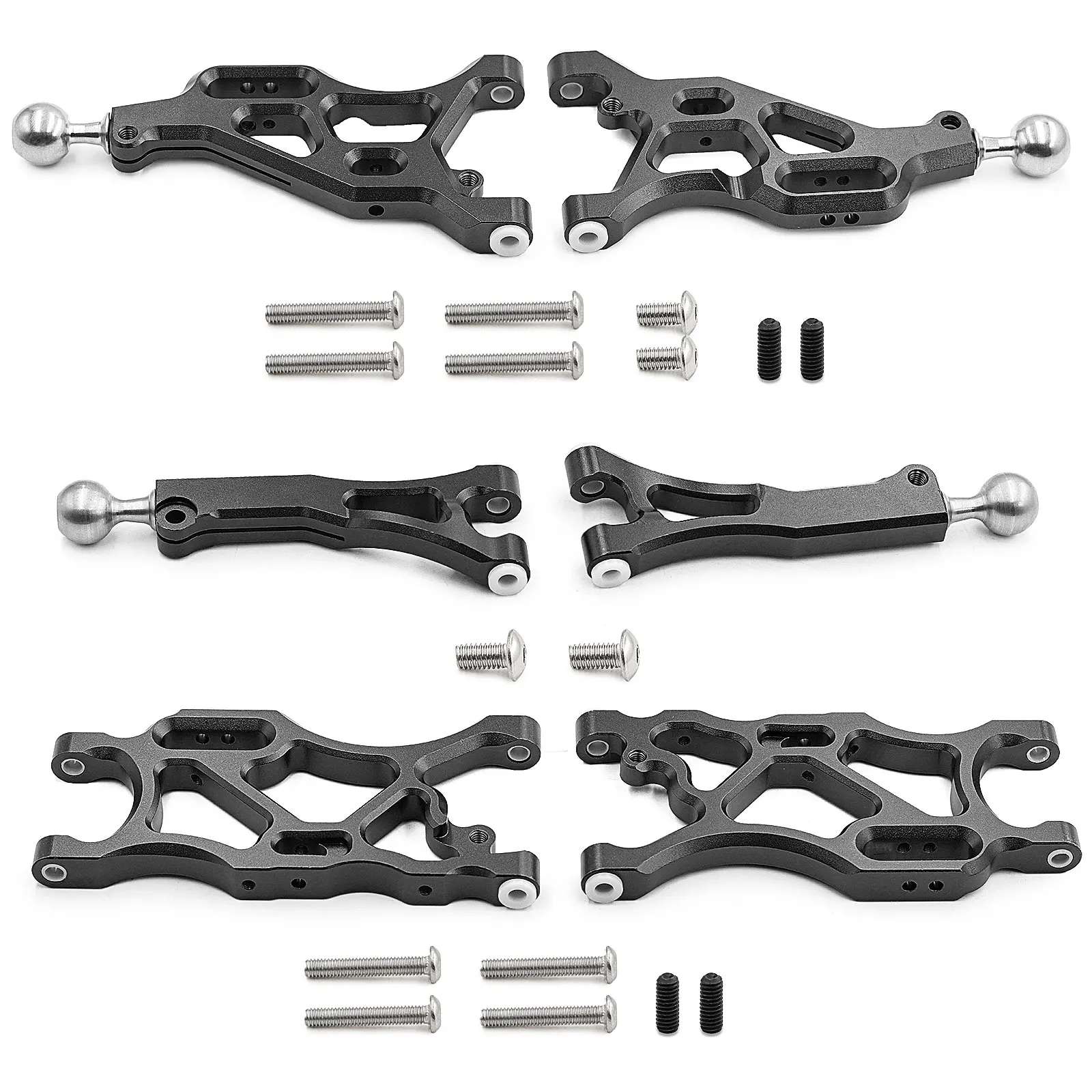 Gros plan sur un bras de suspension avant en métal du kit pour Arrma 1/7, montrant les détails de fabrication.
