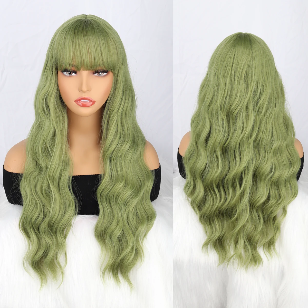 

Длинный зеленый парик с челкой, волнистые завитые челки, синтетический женский зеленый длинный парик, естественный внешний вид, подходит для ежедневного использования
