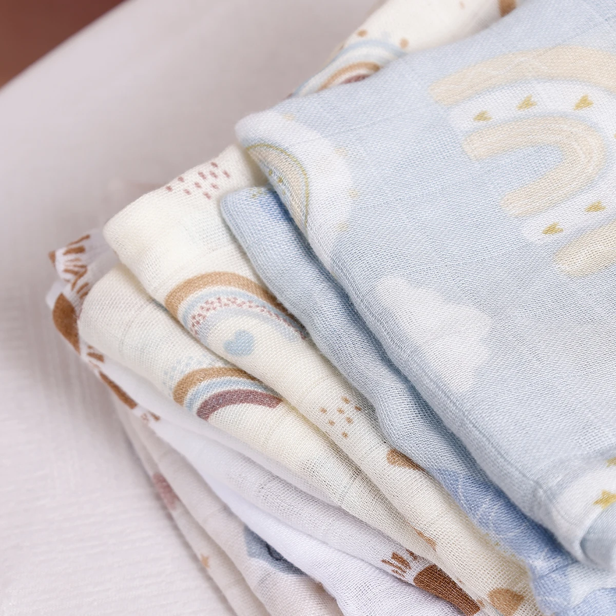 HappyFlute Animals&Rainbow Print Bamboo Cotton Fabric 5PC/Set Muslin Swaddle Feeding Burp Cloth Newborn Baby Blanket Wipe