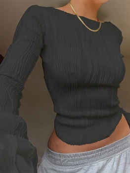 امرأة الموضة عادية Ruched كم طويل تي شيرت البلوزات الإناث الأبيض نحيل اقتصاص قاع قميص 2024 الخريف Y2K ملابس علوية 4