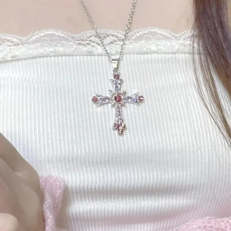 Shiny Crystal Cross Pendant Necklace - Chic Punk Fashion Jewelry