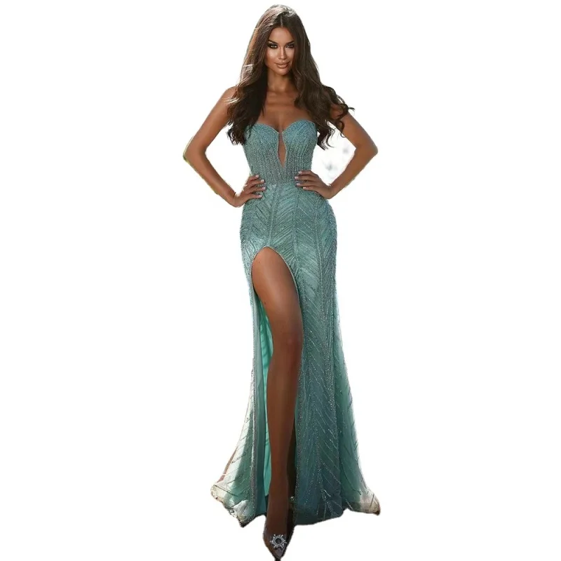 

Arabic Turquoise Mermaid Sexy High Split Party Gowns 2023 Beaded Evening Dresses For Women