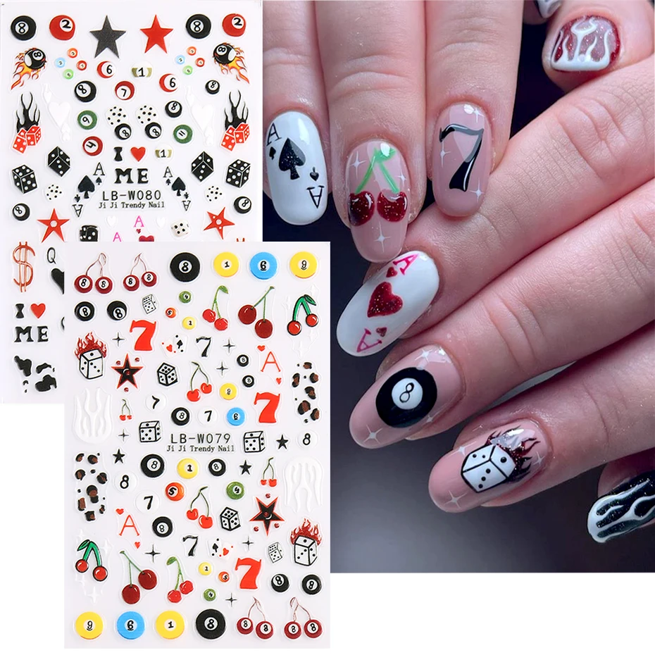 Nails Stickers Black NO.8 Billiards Ball Red Cherry Poker Card Pattern Dice Pool Balls Flame DIY Nail Charming Decoration nail stickers nail art decoration nail decals