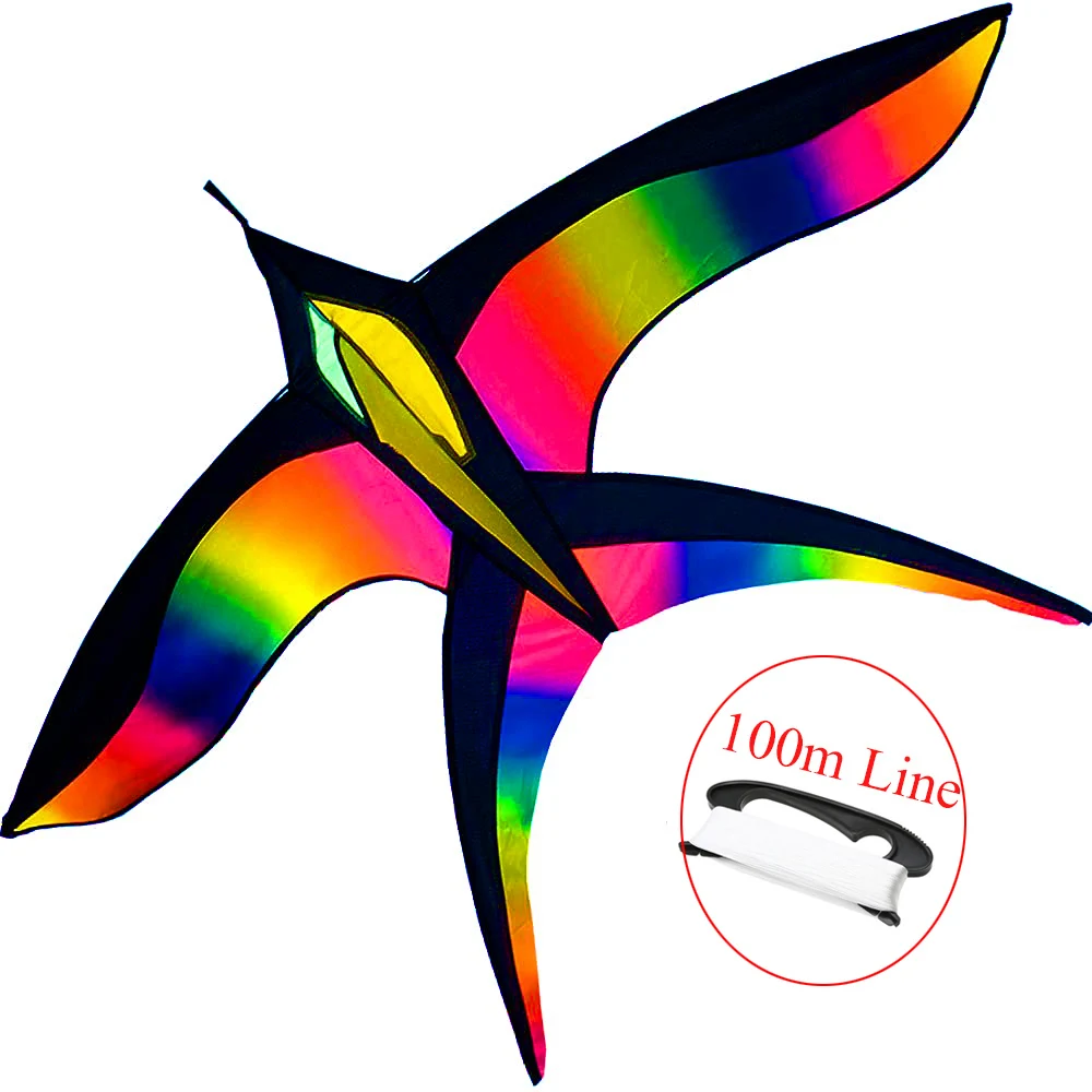

Free Shipping Rainbow Large Bird KiteFlying Kites Outdoor Fun For Children Kids Adults100m line Gift With Handle Line Factory