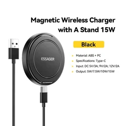 Essager Magnetic 15W Wireless Fast Charging Pad Stand with USB to Type - C Dock Station (Black)