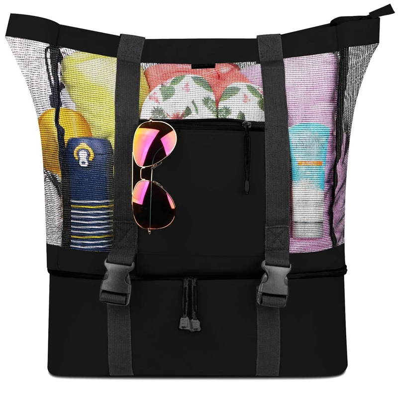 

NEW-Mesh Beach Tote Bag With Detachable Beach Cooler - MAX Capacity 34L 150Lbs Ultra Durable For Women
