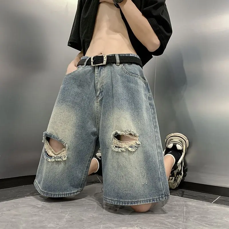 Men's Casual Ripped Denim Shorts Thin Versatile Straight Mid-leg Pants