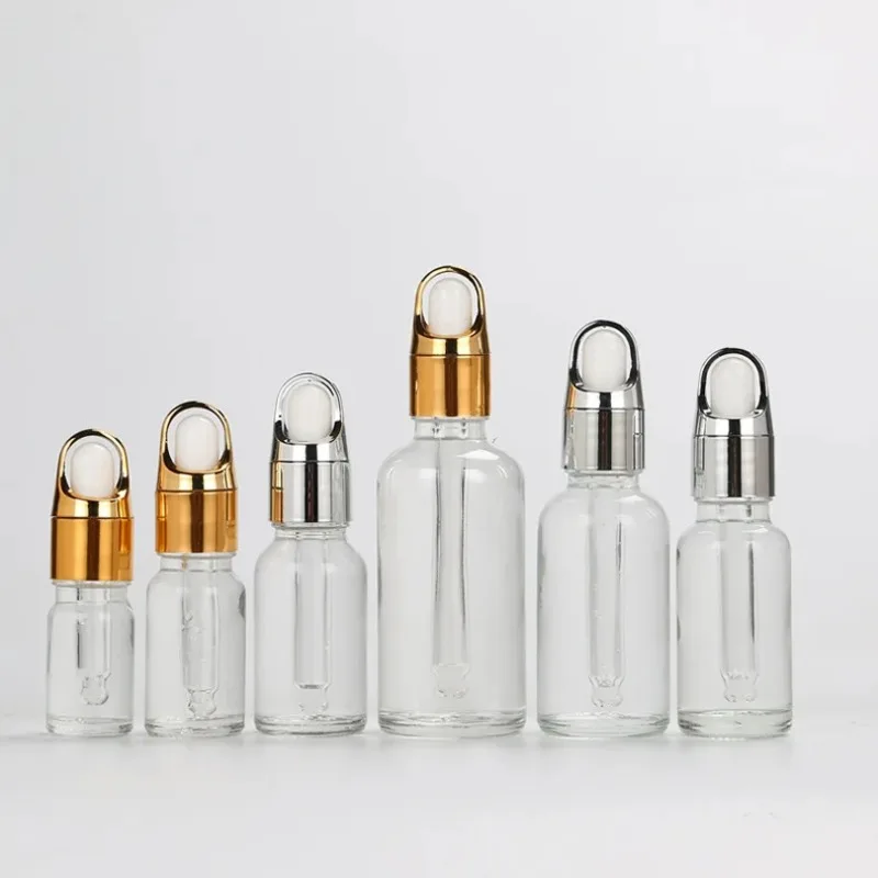 

Пустые флаконы с прозрачным/янтарным стеклом для эфирных масел, 10 шт./партия, 5/10/15/20/30/50/100 мл, с серебристой/золотой крышкой, контейнер «сделай сам»