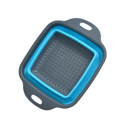 Collapsible Silicone Colander with Handle - Versatile Kitchen Strainer and Drainer - L (Blue Square)