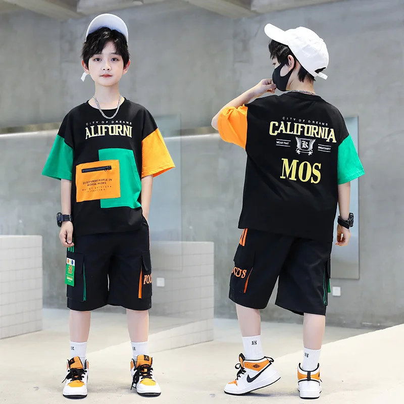 

Summer Boys Cotton Contrast Patchwork Short-Sleeved t-Shirt Tops+Short Pant Suit School Kids Tracksuit Child 2PCS Outfit 5-14Yrs