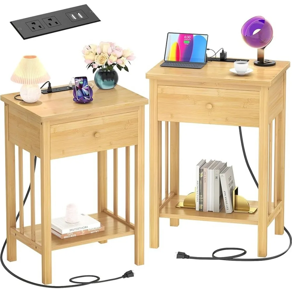 

Nightstand with Charging Station Set of 2, Bamboo Bedside Tables Set USB Ports and Outlets,Night Stand End Table with Drawer