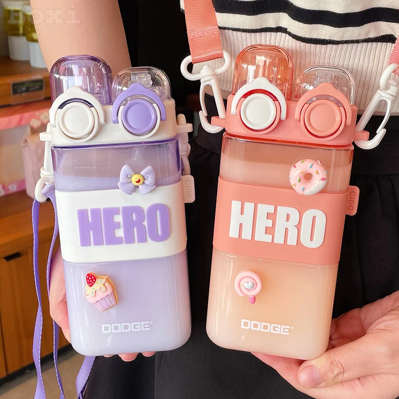 

570 ML Cute Square Tritan Water Bottle With Straw Summer Kids Boy School Portable Leakproof Double Drinking Plastic Cup BPA Free