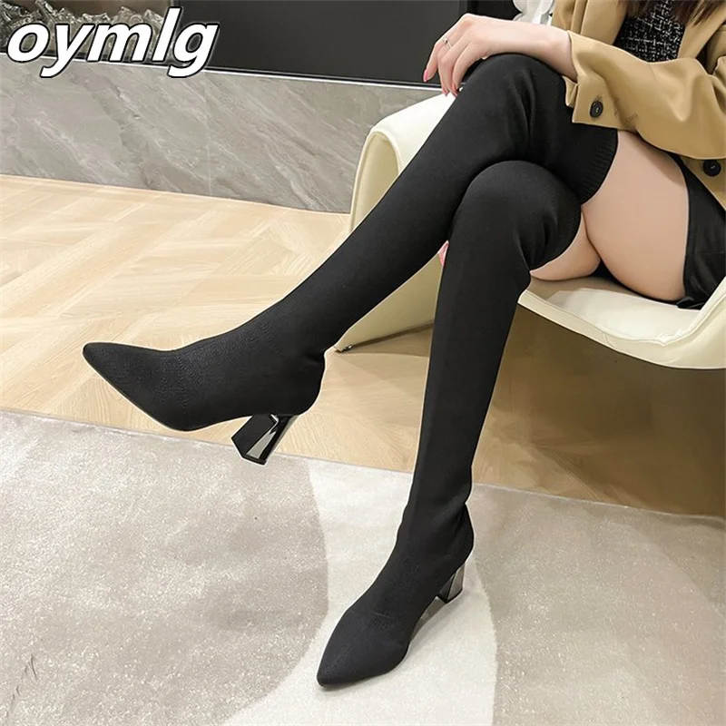

Autumn and winter thick heel knitted elastic over the knee boots women's pointed toe high-heeled woolen boots wholesale