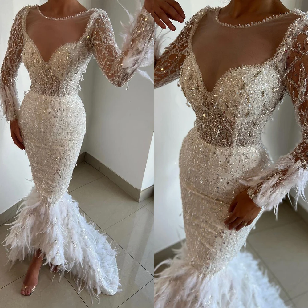 

Real Picture Exquisite Evening Dresses With Feather Sweetheart Tulle Mermaid Prom Party Gowns Formal Sequined Arabic Vestidos