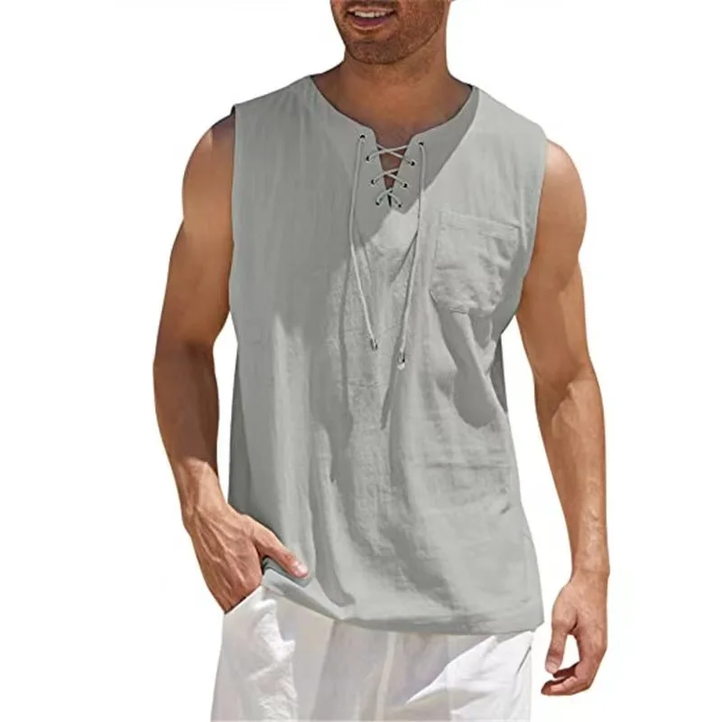 

2023 Cross border Amazon Hot Selling New Product Men's Tank Top Shirt Lace Up Fashion Solid Cotton Hemp Short Sleeve T-shirt