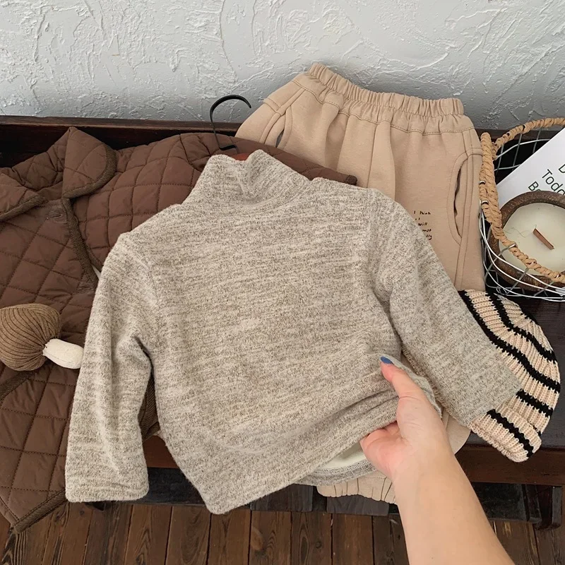 

Undershirt Winter Korean Boys Girls Baby Versatile Plush High Collar Children Clothing Long Sleeved Cotton Long Sleeve