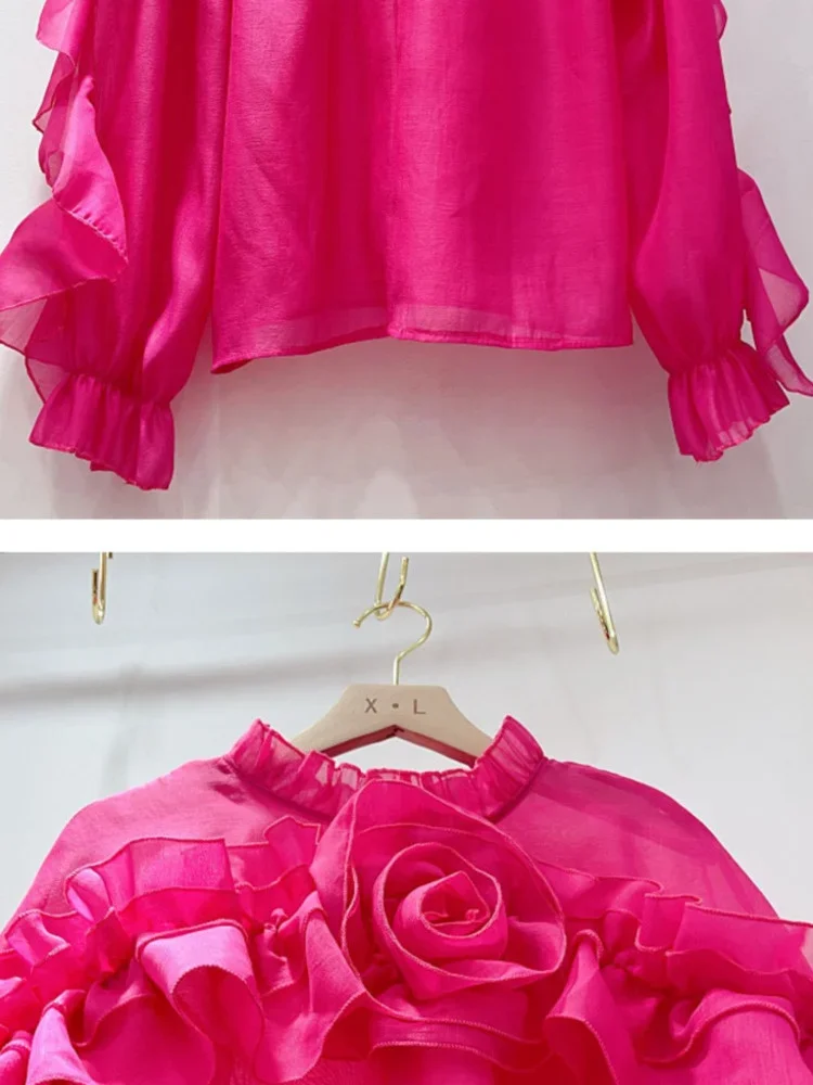 2026 한국 시크 솔리드 3D 플라워 러플 패치워크 루즈 탑 여성 시어 쉬폰 블라우스 여성 2024 여름 신상 SM6322