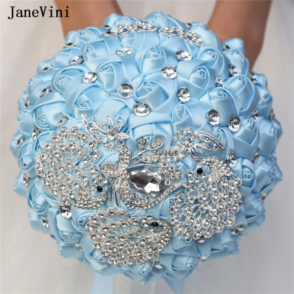 

JaneVini Stunning Sky Blue Wedding Flowers Bridesmaid Bridal Bouquets Silver Rhinestone Artificial Satin Roses Wedding Bouquet