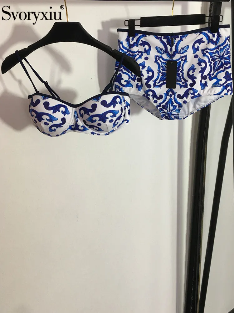 

Svoryxiu Summer Fashion Beach Style Bikini Set Women Spaghetti Strap Tops+Slim ShortsBlue And White Porcelain Print 2 Pieces Set