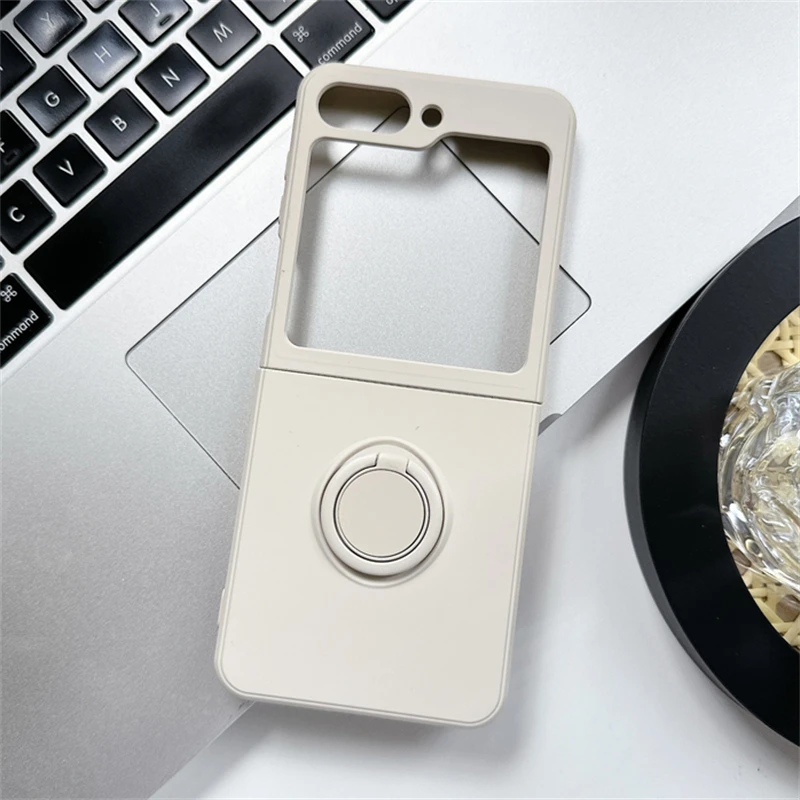 Soft Liquid Silicone Folding Phone Case with Square Frame and Magnetic Ring Holder
