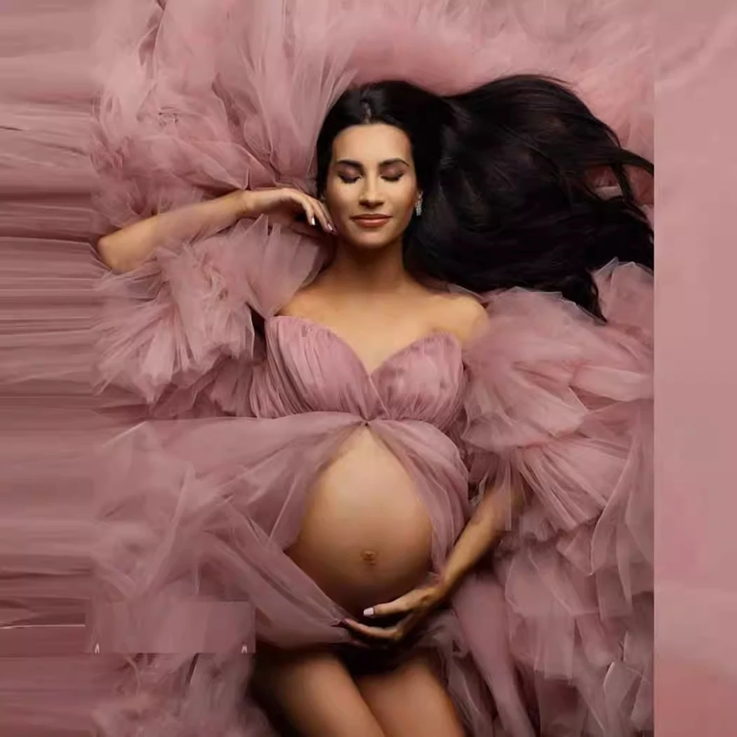 Tulle Cardigan Maternity Dress For Photoshoot Long Pleated Hem Detachable Sleeves Pregnant Women Dress For Wedding Guest maternity dresses