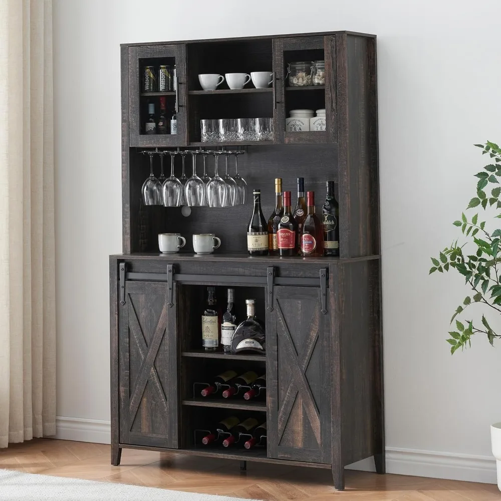 Farmhouse Coffee Bar Cabinet with Sliding Barn Door, 70" Tall Buffet Cabinet with Storage Shelves, Liquor Wine