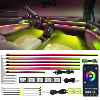 자동차 인테리어 아크릴 가이드 섬유 스트립, 18 in 1 백라이트, 자동차 주변 조명, RBG 64 색 장식, 분위기 램프, 6in 1