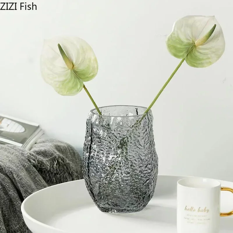 Green Wrinkle Glass Vase Artificial Flowers Decorative Flower Arrangement Desk Decoration Transparent Hydroponics Floral Vases 5