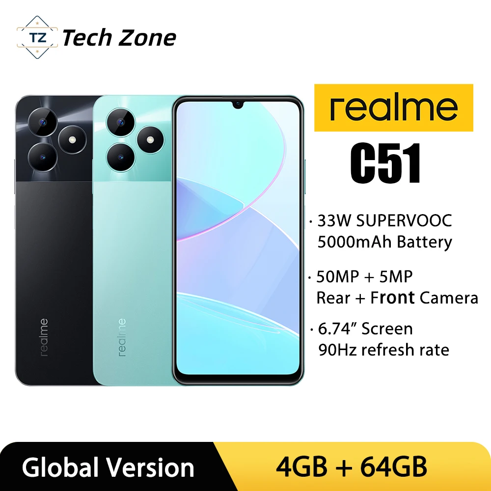 realme C51 33W SUPERVOOC 5000mAh Battery 50MP AI Camera Charge 6.74'' 90Hz Display Powerful Octa-core Processor