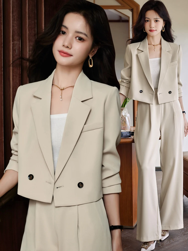 

Korean Fashion Black Suits for Women 2024 Fashion Office Ladies Long Sleeve Double Breasted Crop Blazers Chic Loose Pant Suits