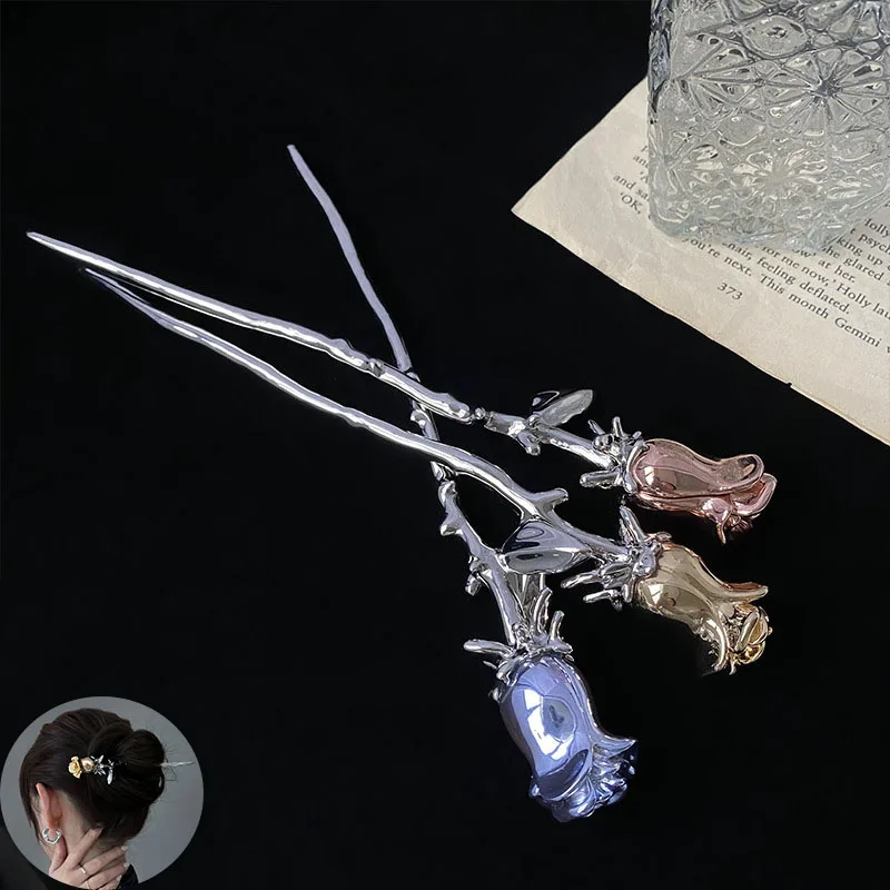 Vintage Chinese Style rose flower Hairpins Hair Stick Women Metal Hair Fork Hair Chopsticks Woman Jewelry Hair Clip Accessories fashionmodel show exhibitor 6 options pu white leather jewelry display woman necklaces pendants mannequin jewelrystand organizer