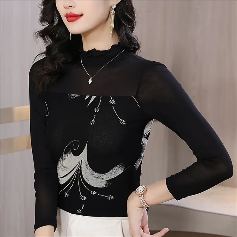 

New Mesh Tshirt Women's Bottom Tops Versatile Half High Neck Women T-shirts Long Sleeve Jumper Top Printed T-shirt Female Tees