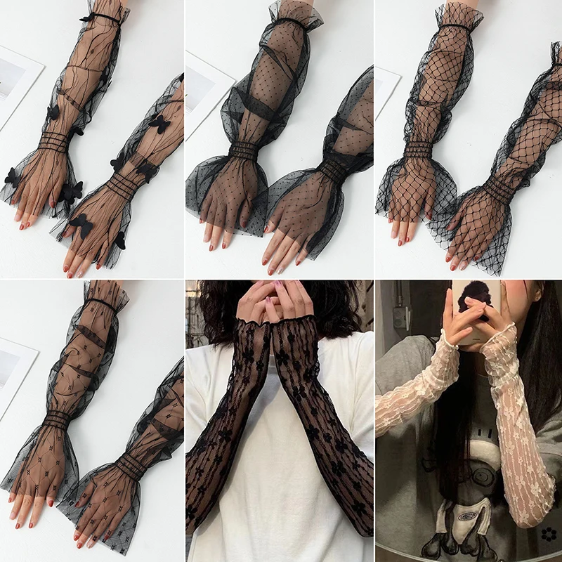 Long Lace Gloves Hollow-Out Fingerless Gloves Women Sun Protection Sleeves Mesh Lace Thin Hand Gym Sunscreen Accessories