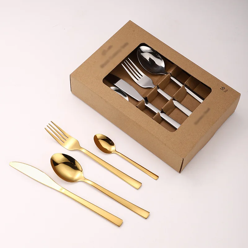 Stainless Steel Tableware Set 16-piece Set Kraft Paper Box Square Handle Titanium-plated Stainless Steel Tableware
