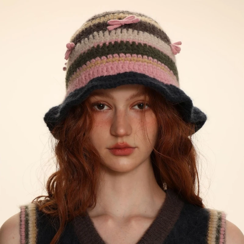 

Y2K Girls Sweet Pink Bows Slouchy Knit Beanie Hat Women Autumn Winter Striped Crochet Fisherman Cap Lady Bucket Hat Photo Props