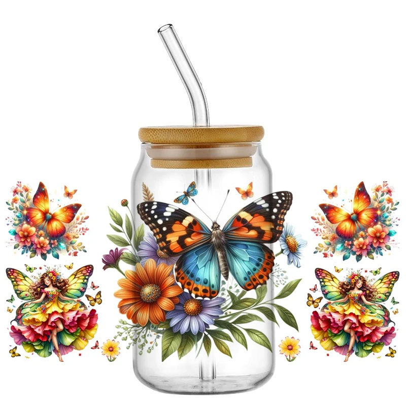 Butterfly flowers Washable Cup Transfer Sticker for 16oz Libbey Glasses DIY Waterproof UV DTF Cup Wrap