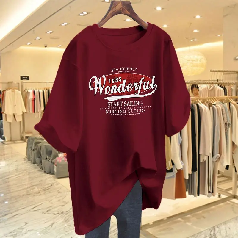 

Women Crew Neck T-shirt Summer Short Sleeve Pure Cotton Loose Simple Pullover Lady Clothing Letter Printed Basics M-6xl Top Tee