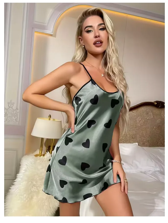 Heart Print Slip Nightdress Casual Crew Neck Criss Cross Back Sleepwear Women Dresses