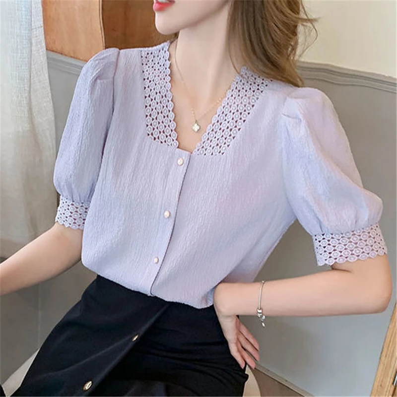 New 2023 Women's Summer French Style Sweet Lace Patchwork Elegant Shirt Trendy V-neck Short Sleeve Blouse Solid Chic Tops Blusas