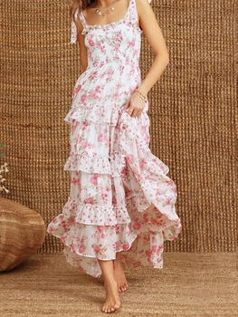 Elegant Sleeveless Floral Print Maxi Dress with Tiered Ruffle Detail and Adjustable Tie-Shoulder Straps for Women 4