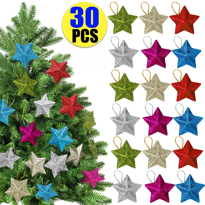 

6/30PCS Christmas Tree Mini Glitter Pentagram Decoration Pendant Navidad Christmas Ornament Xmas Party DIY Crafts Accessories