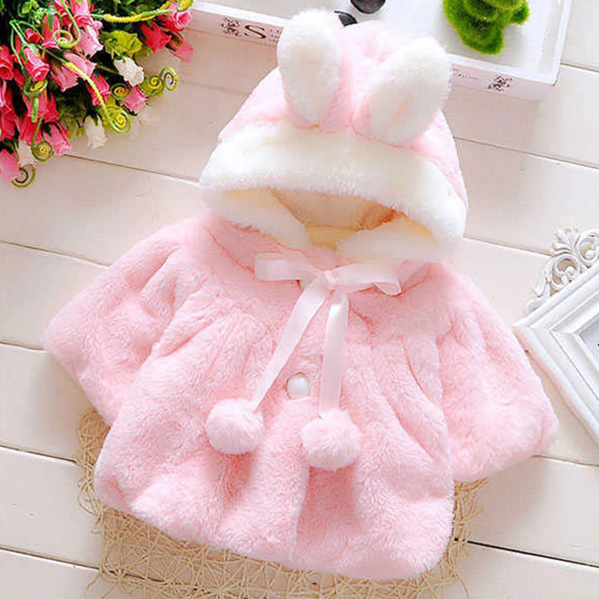 Winter Children's Cloak Female Baby Rabbit Ear Hat Cloak Mao Sweater Coat Girl's Two tone Imitation Fur Shawl