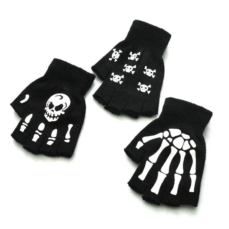 Unisex Halloween Skull Gloves Punk Luminous Glow in The Dark Skeleton Half Finger Glove Cosplay Non-slip Wrist Stretch Mittens half finger gloves,fingerless gloves