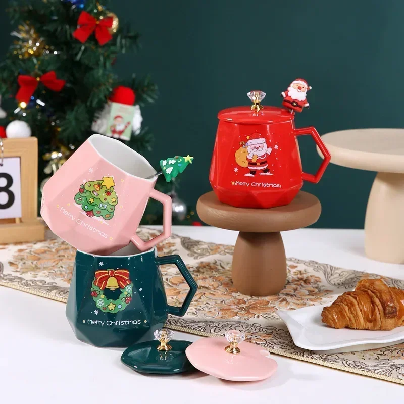 

Merry Christmas Ceramic Mugs Santa Claus Elk Water cup Coffee Mug with lid and spoon Milk Tea Cup Creative Christmas Gift