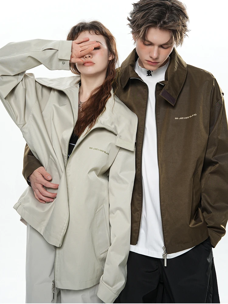 Stand-up Collar Jacket Couple's American Retro Loose Casual Windproof Solid Color Letter Printing Fashion Spring and Autumn 1Pc